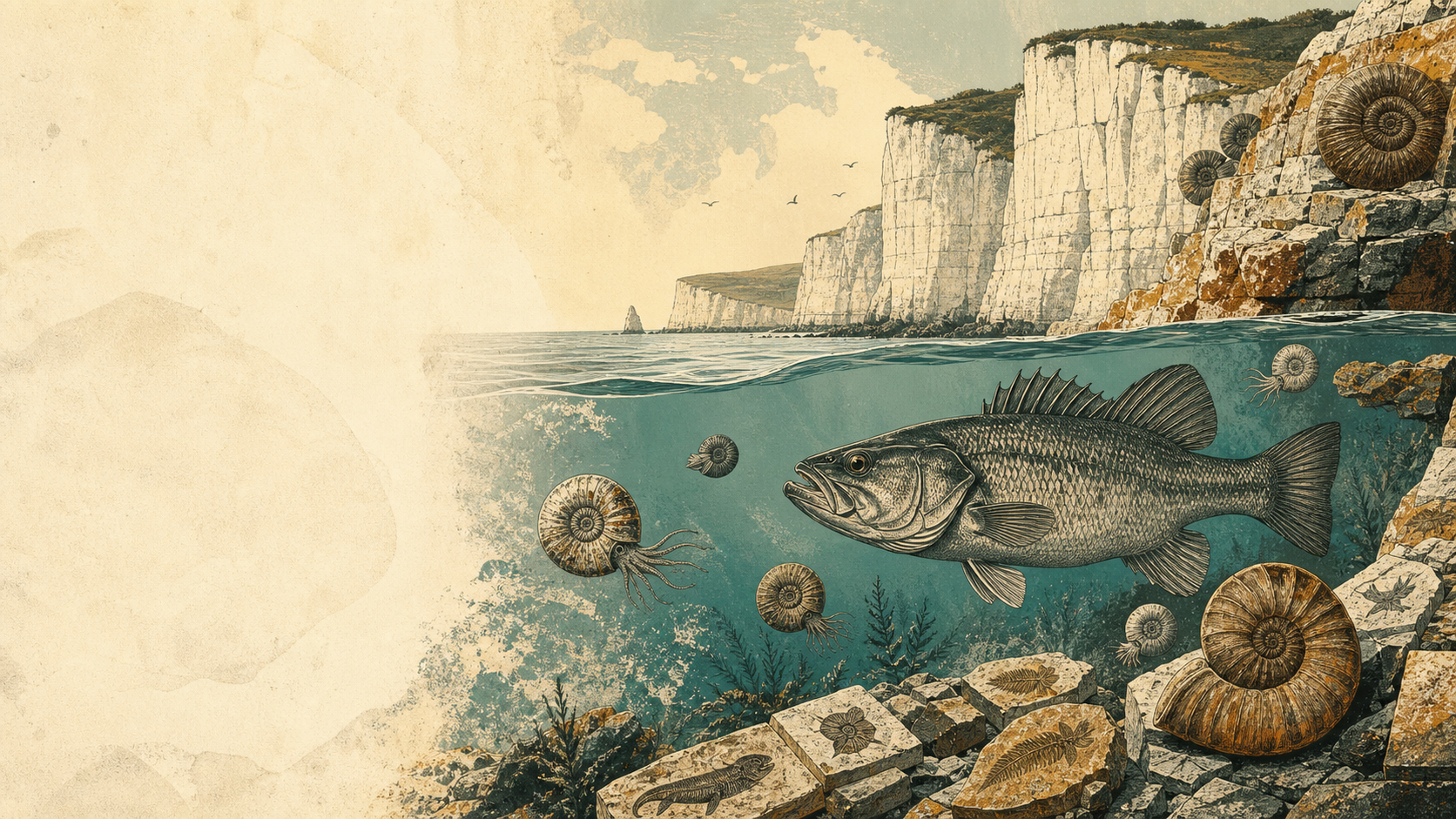 Natural history poster of bass, ammonites and the Jurassic Coast